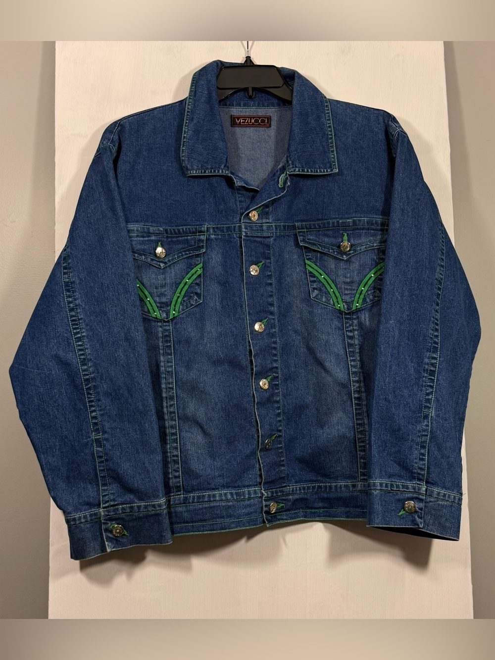 Women's Dark Blue Denim Jacket with Green Accent Trim
